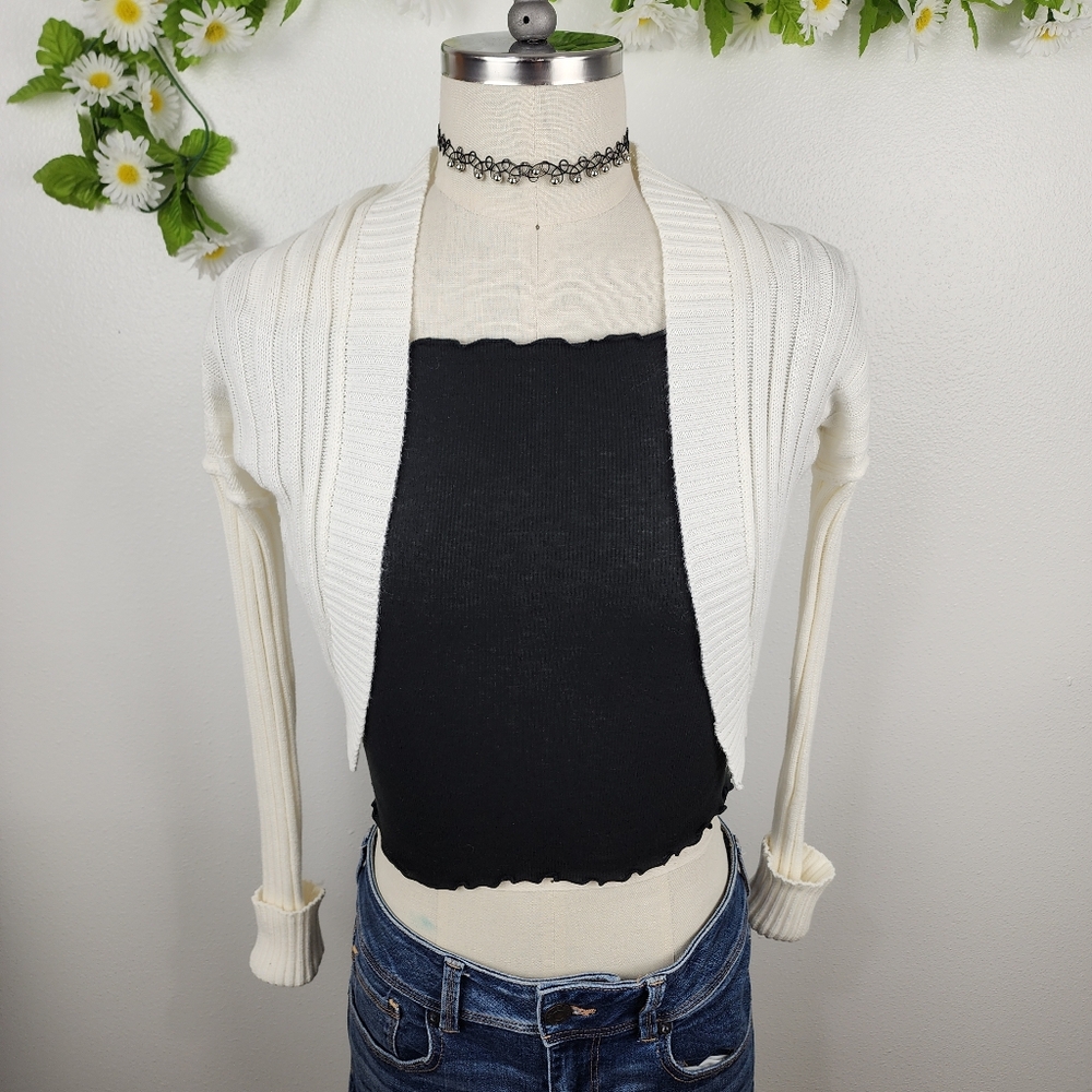 Full Circle White Shrug Sweater - Cropped Ribbed Open Front - Sz Small